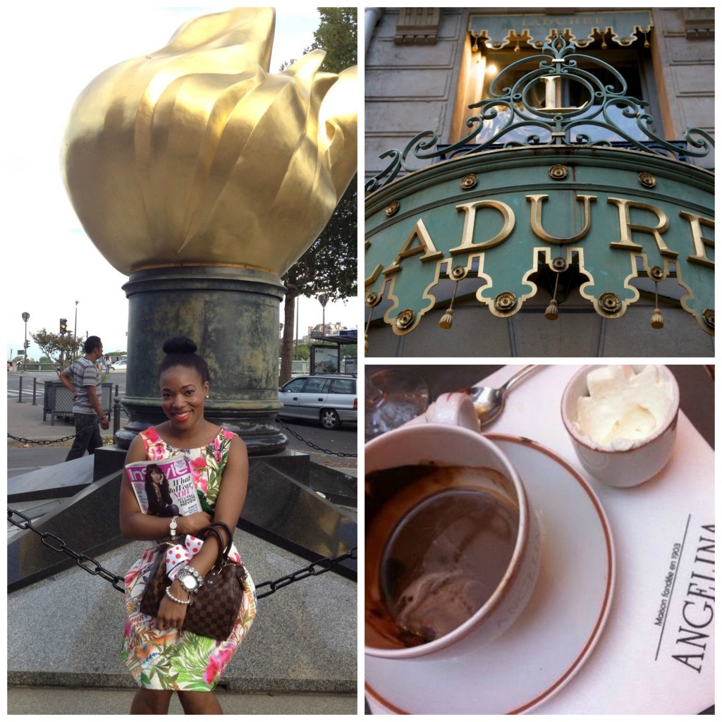 my daughter, Channing at the Lady Di Memorial, Ladurée, home of luxury sweets and inventor of the double-decker macrons and Angélina tea salon.