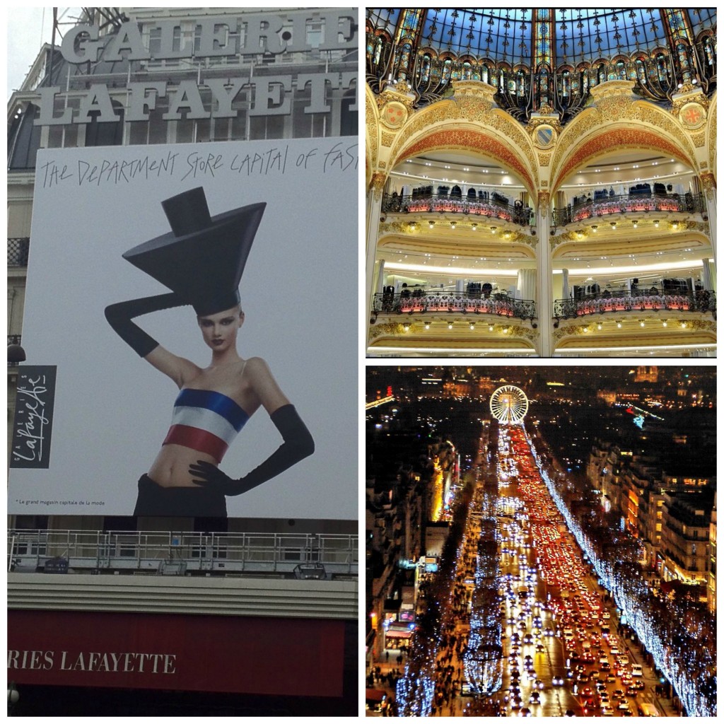 Galeries Lafayette, upmarket French department store on Boulevard Haussmann. Beautiful glass and steel dome and Art Nouveau staircases.  Nighttime on Champs-Élysées, one of the world's most famous boulevards