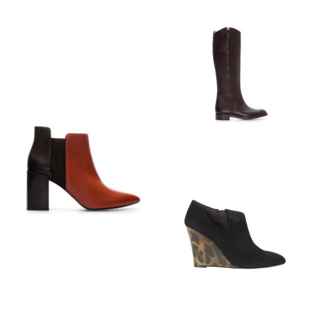 Zara Block Heel Leather Ankle Bootie, Zara Flat Riding Boot and Ann Taylor Suede Wedge Boot.