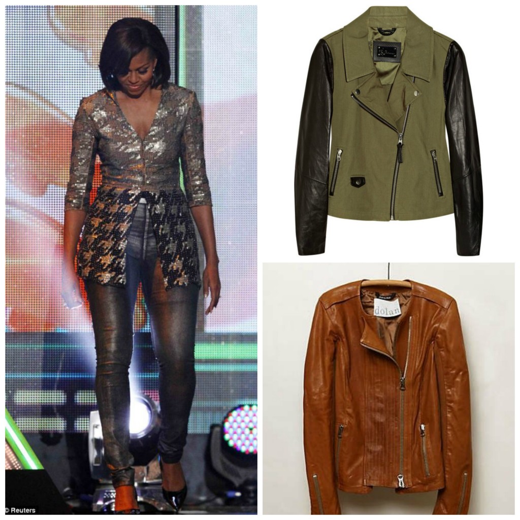 Michelle Obama at 2012 KId's Choice Awards in leather pants, Mackage Debora cotton-canvas and leather biker jacket, Anthropologie Brown Dolan Sylvana Leather Moto Jacket