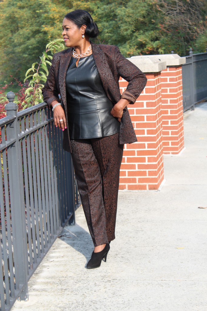 Wearing old Garfield Marks Jacquard print suit, Faux Leather Peplum TinleyRoad from Piperlime, J.Crew Suede Booties and Old Silpada Link SIlver Necklace with Tiffany earrings.