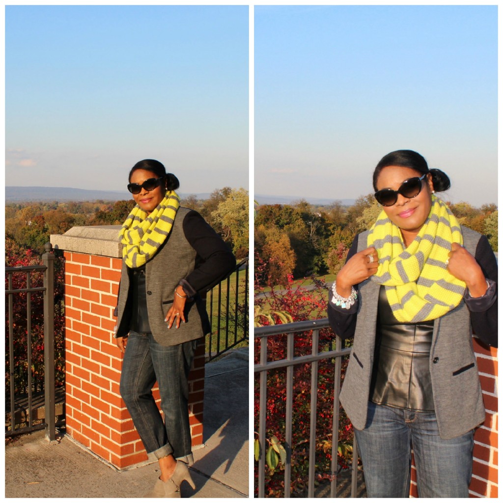 Wearing J.Crew Factory Infiniti Scarf, J.Crew Colorblock Knit Jacket, Piperlime Tindley Road Faux Leather Peplum , J. Crew Factory Matchstick Jeans with Grey Suede Banana Republic Booties