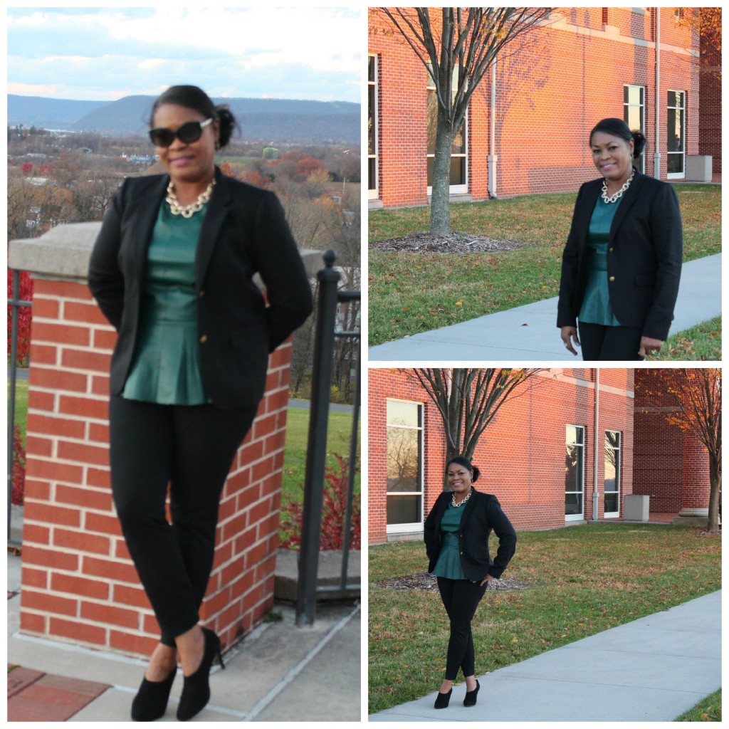 Wearing J. Crew Schoolboy Blazer in Black, Piperlime Tindley Road Emerald Green Peplum, J. Crew Black Minnie Pant, J. Crew Black Suede Bootie and J.Crew Factory gold-plated chain-link Necklace