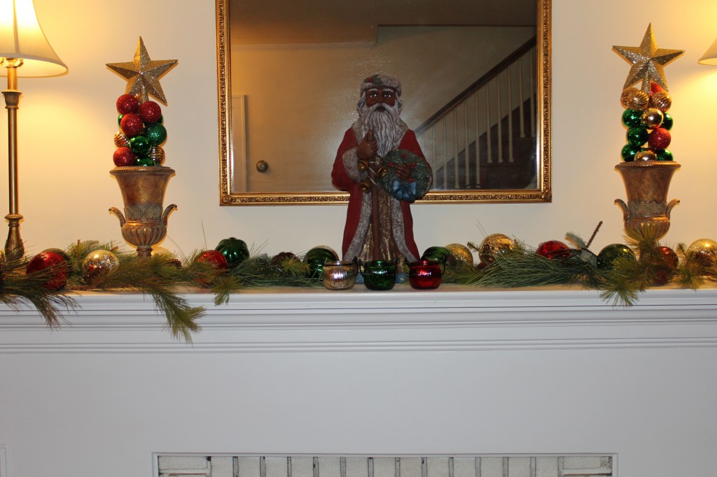 DIY Christmas Ornament Topiary on my fireplace mantel