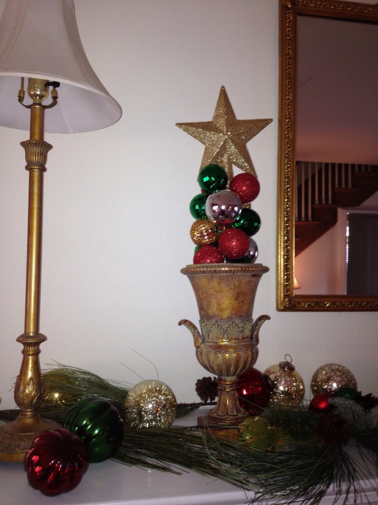 DIY Knitting Needle Ornament Topiary on my home mantle.
