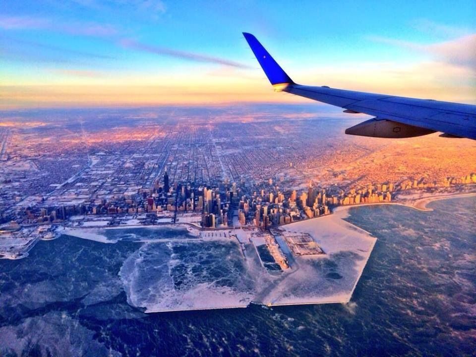 The Weather Channel aerial view of Chicago, Illinois during polar vortex on 1/