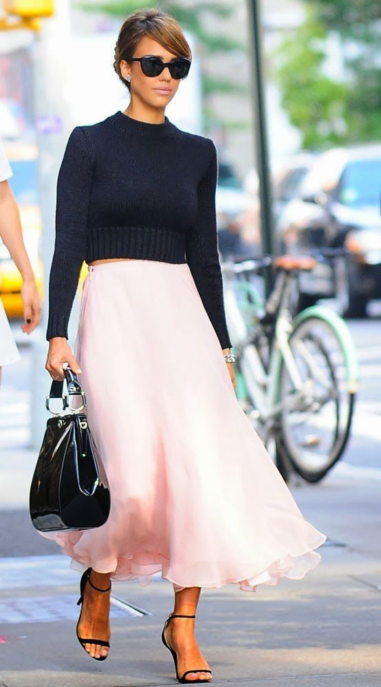 Jessica Alba wearing Spring/Summer Trend: cropped top with sheer skirt.