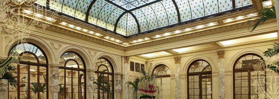 2005 Renovation at The Plaza Hotel installed a new metal frame and hundreds of panes of new leaded glass ceiling.