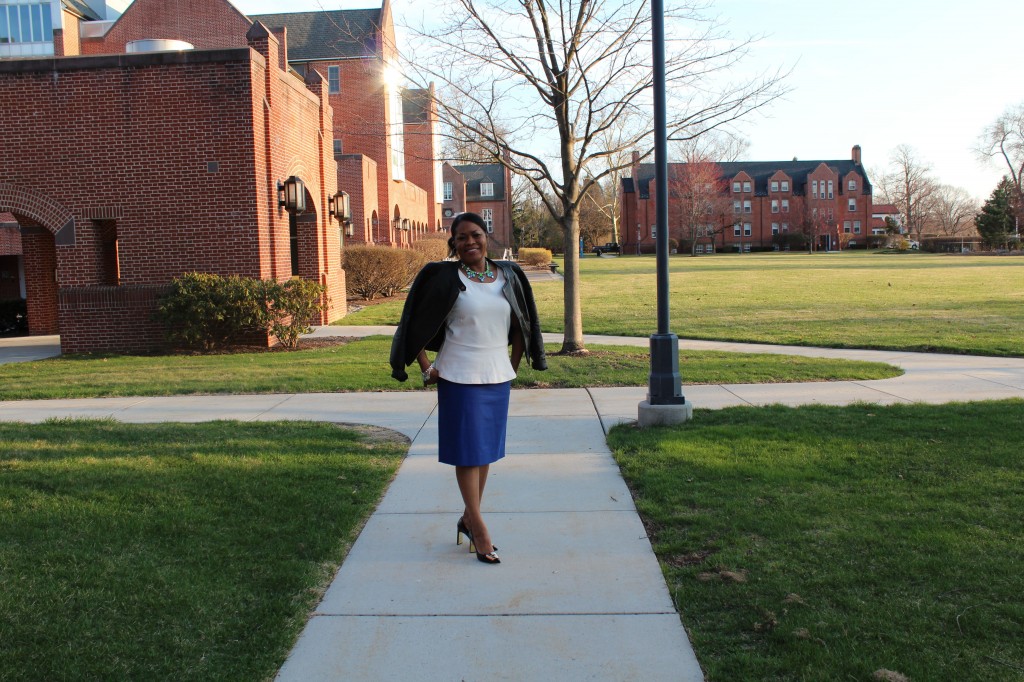 Appropriately wearing Blue and white:  white J.Crew peplum, blue J.Crew cotton pencil skirt, J.Crew Factory necklace, black Macy's Impluse Shop faux leather rmoto jacket and Coach pumps