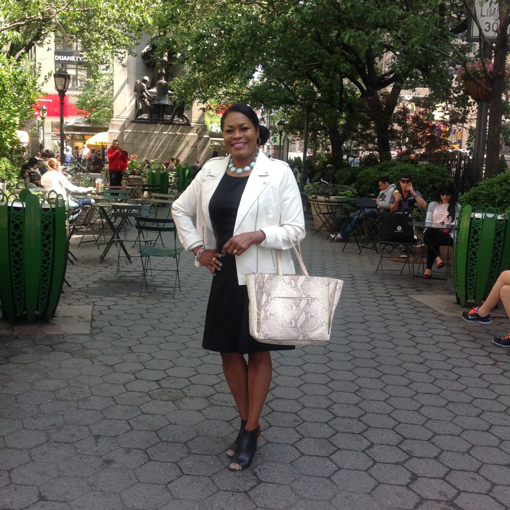 Wearing: NYDJ faux leather/linen moto jacket, T.J .Maxx Cynthia Rowley fit and flare dress, Nine West shoes, J.Crew necklace and Ann Taylor Tote.