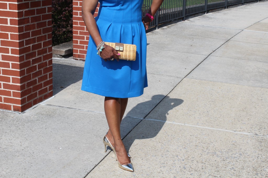 Wearing J.Crew dress, with old J.Crew Factory pearl necklace, J.Crew straw clutch and Mui Mui gold pumps