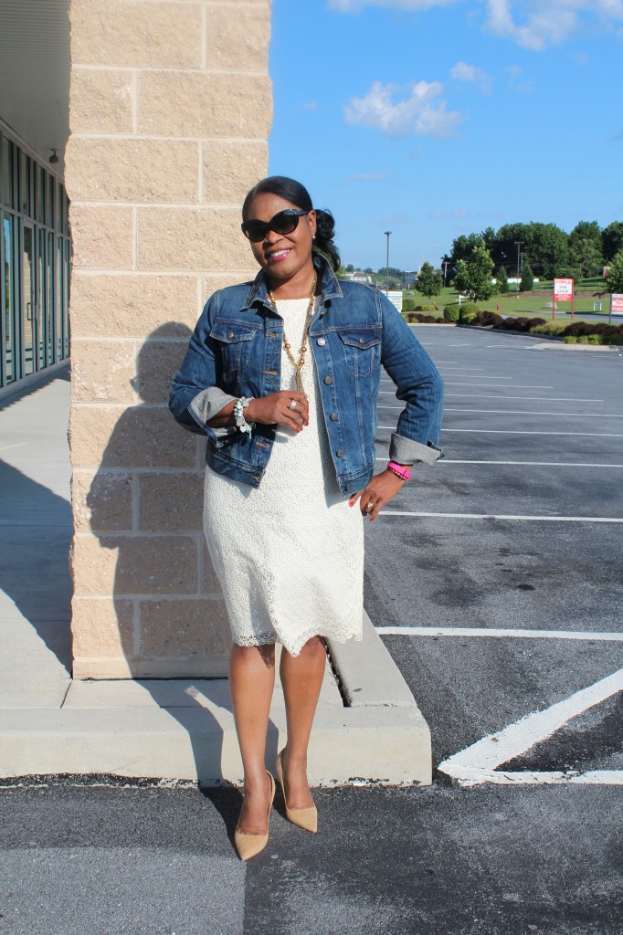 Wearing Talbot's lace dress from last summer,  J. Crew denim jacket, Stella and Dot gold tone lariat necklace, Kate Spade Licorice camel suede pumps, David Yurman bangle, Tiffamy bracelet with my collection of charms, Fit Bit bracelet