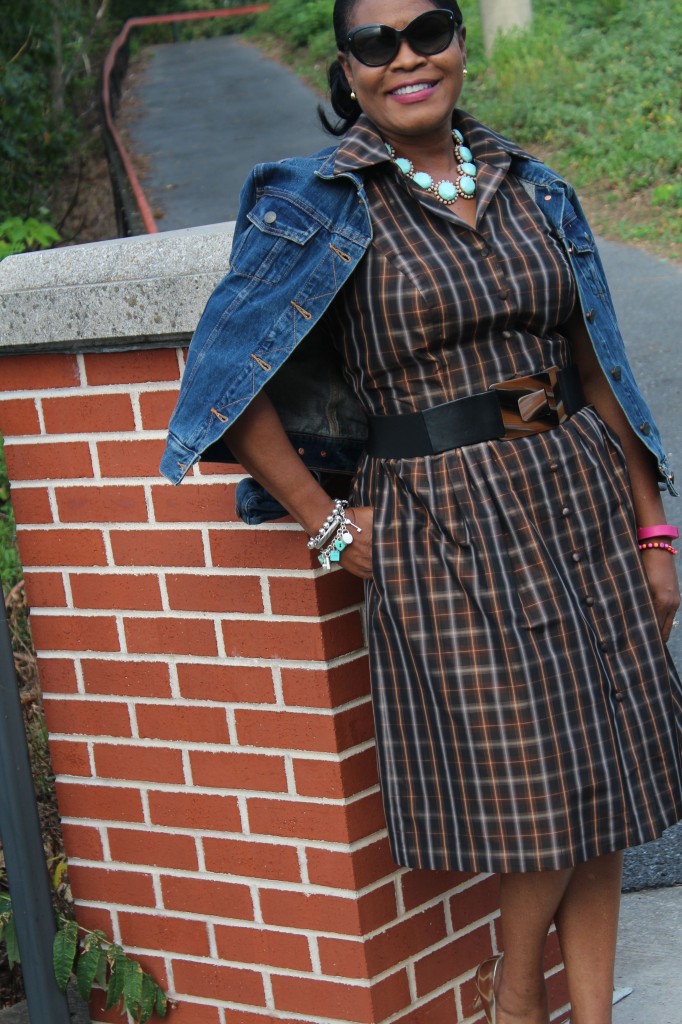 Wearing Carmen Marc Valvo plaid dress, J. Crew necklace, J. Crew vin