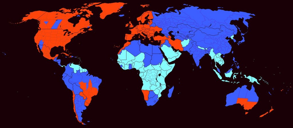 Global map of DST usage. Red countries observe DST now; dark blue did once by don't any longer; light blue have never observed it.