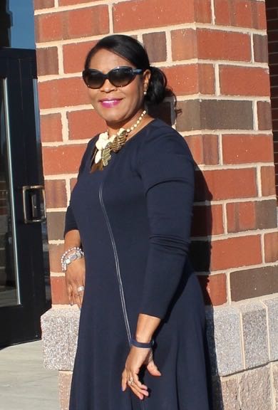 Wearing old iresident trench jacket, Lafayette 148 NY wool navy a-line dress with Seychelles suede pumps, vintage necklace.