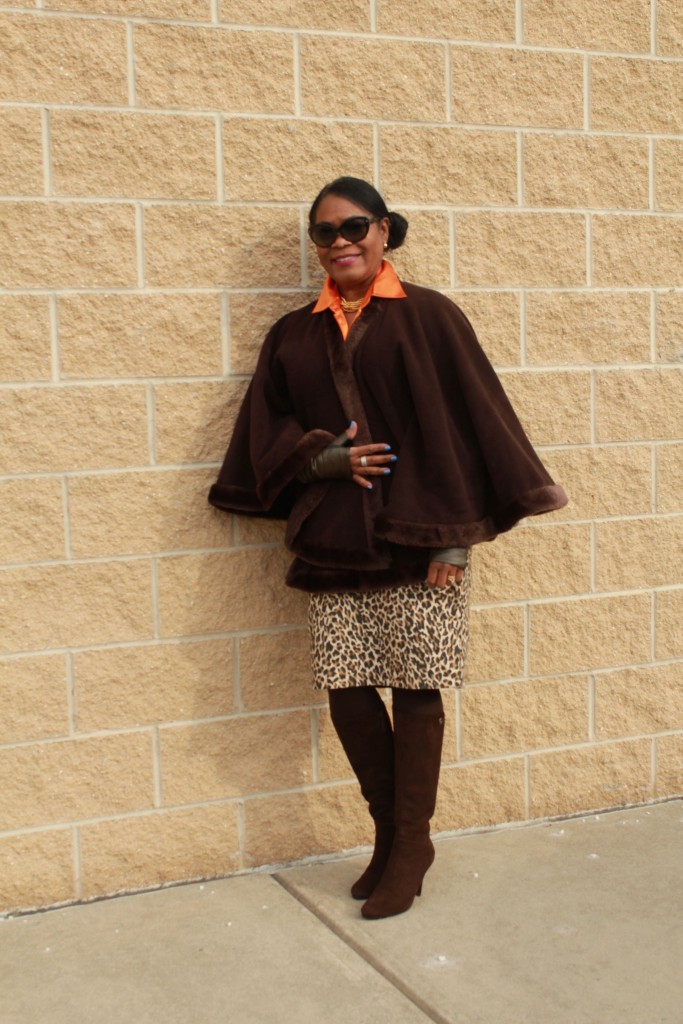 Wearing old faux fur cape, old Starington silk orange blouse, old J. Crew leopard print pencil skirt, Vince Camuto fingerless leather gloves and old Cole Haan brown suede boots.