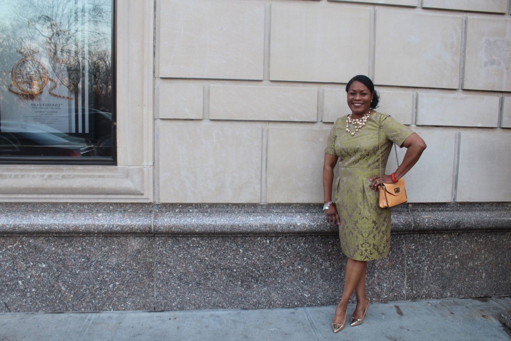 Wearing old Lafayette 148 New York brocade dress, Mui Mui metallic gold pumps with J. Crew Factory pearl necklace and Fashionphile pre-owned Chloė Sally Flap bag