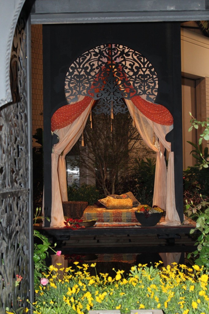 Stoney Bank Nurseries of Glen Mills, PA floral display with tropical greenery and waterloo evoke the oriental Disney movie "Mulan."