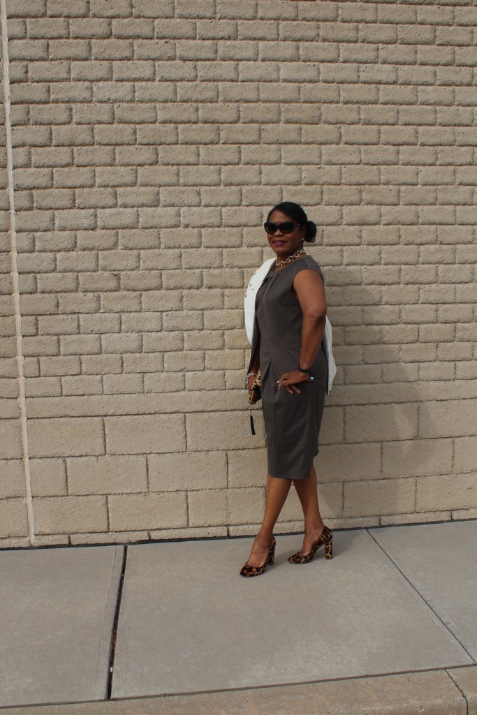 Wearing NYDJ faux white leather linen jacket, Lafayette 148 Cheryl pleated sheath dress from Gilt, J. Crew Factory Gold-Plated Link Necklace, J.Crew Collection Etta Calf Hair Pumps