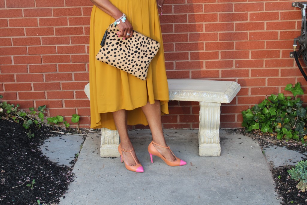 Wearing Banana Republic Heritage High-Low Mustard Dress, J. Crew Everly T-Strap  Pump and 2Chic Designs Leopard Clutch