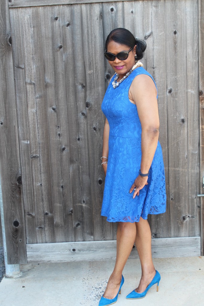 Wearing Alex & Alex lace royal blue dress from Gilt, Kate Spade New York necklace and J.Crew suede pumps with metallic heel.