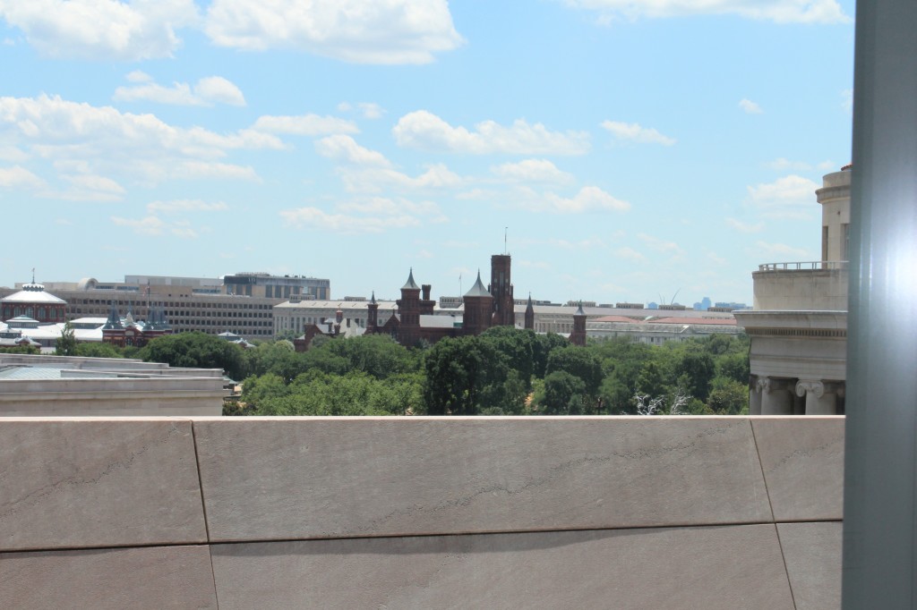 The Newseum's Pennsylvania Avenue Terrace view from the 7th floor, you can see the Smithsonian Mansion (in dark brick)