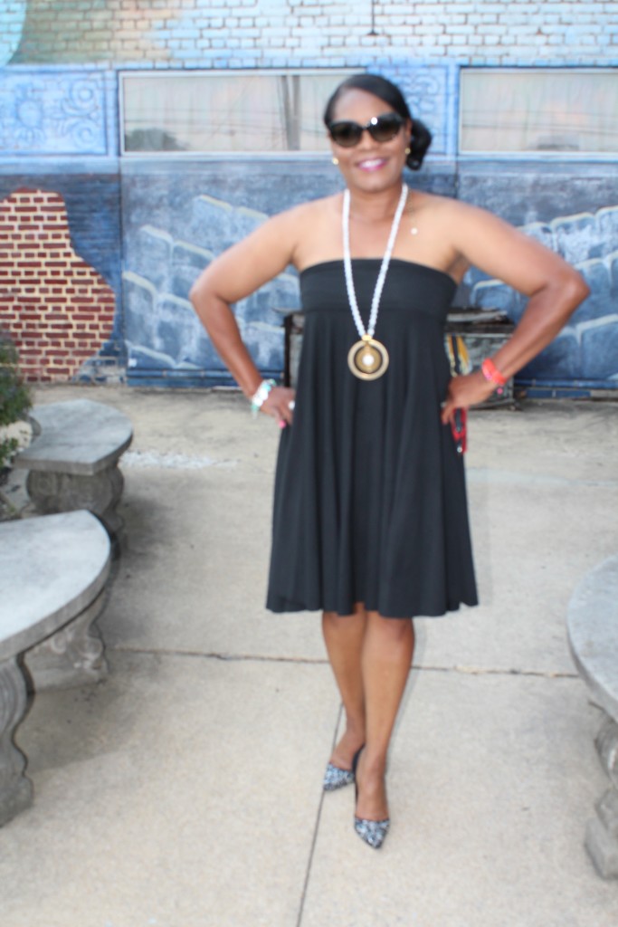Wearing J. Crew Factory dress, Anthropologie Jan Michaels Tranquil Medallion Pendant with Manolo Blank evening pumps