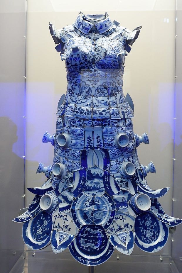 Inspired by Blue Willow China pattern, A dress by Li Xiaofeng. Photograph: Don Emmert/AFP/Getty Images