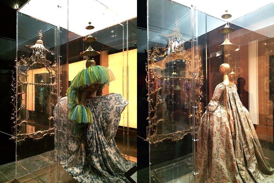 Mannequins stand on either side of a pair of 1760 British chinoiserie mirrors: One wears a voluminous 18th-century brocade robe à la polonaise, while the other sports John Galliano's similarly shaped 2003 rendition for Dior. Meanwhile in the background, a clip from Vicente Minelli's 1946 film Ziegfeld Follies shows Fred Astaire as a Chinese laborer.