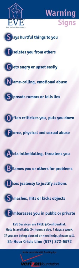Know the Warning Signs of Domestic Violence. mage credit End Violent Encounters (EVE)