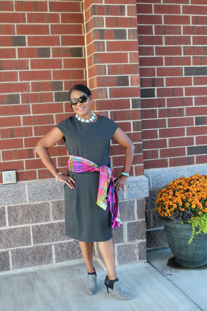 Wearing old Lafayette 148 New York wool dress, J. Crew Statement necklace, Echo pink plaid scarf and Vince Camuto 'Saron' Bootie