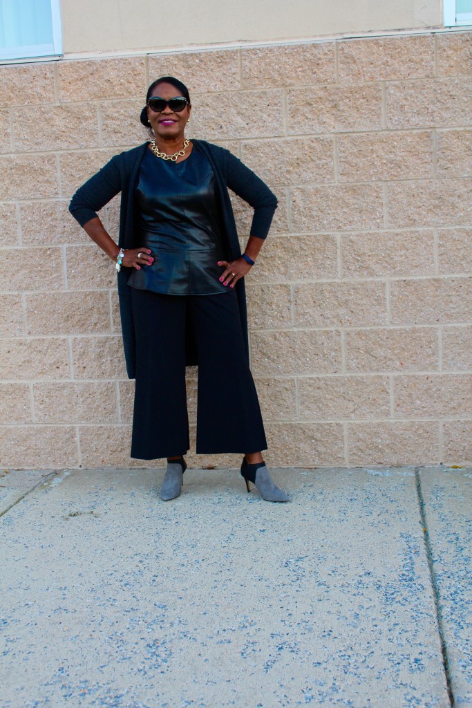 Wearing: old DVF long sweater, old Piperlime faux leather peplum, cropped wide leg pants, Vince Camuto booties
