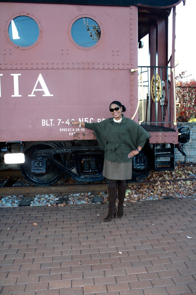 Wearing: DVF wool cape sweater, J.Crew Factory dress, Cole Haan brown suede boots with J. Crew Factory pearl necklace.