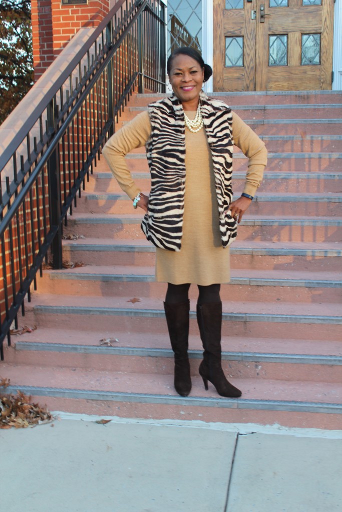 Wearing: J. Crew Factory Boatneck Oatmeal colored Sweater-Dress, old Lafayette 184 New York vest, Cole Haan Tall chocolate suede boots and J. Crew Factory MultiStrand Pearl Necklace