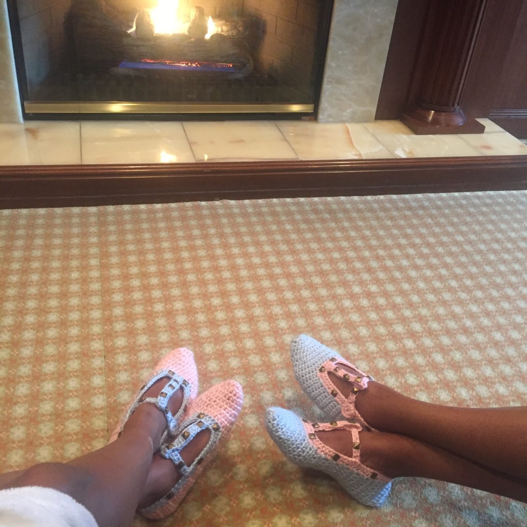 My daughter and I relaxing by the fireplace at the Spa at the Hotel Hershey.