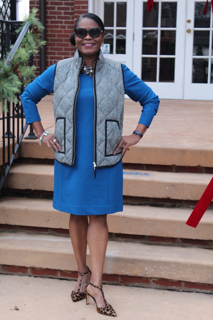 Wearing J. Crew Factory oxbow blue Seamed Ponte dress and J. Crew Factory Printed Quited Puffer Vest, old J. Crew tortoise necklace and Boden calf-hair Beatrice High Heel Leo