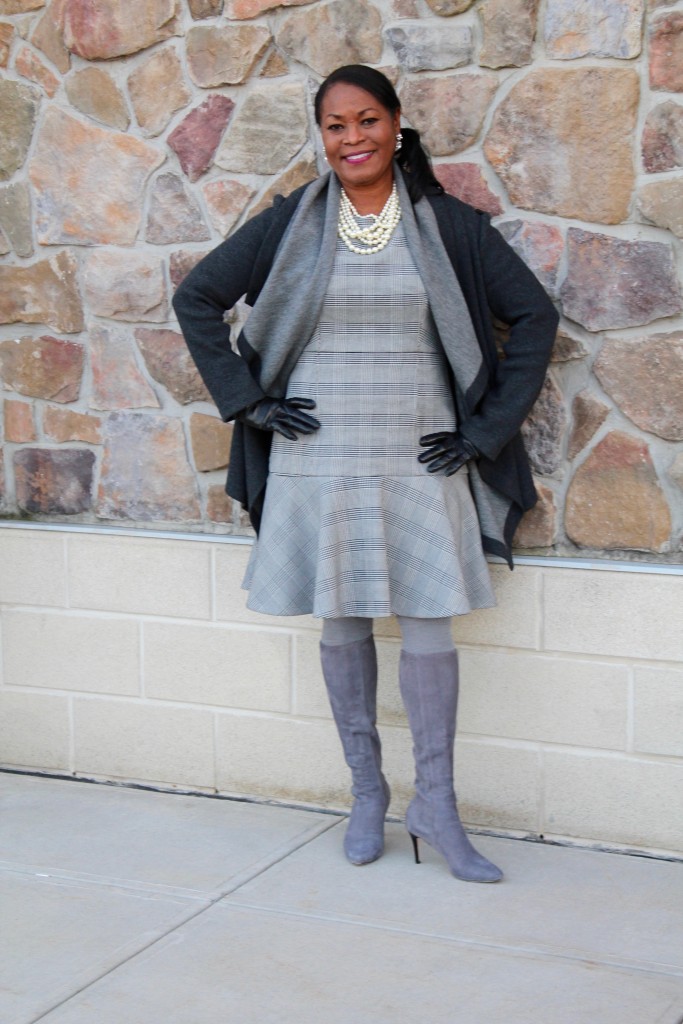 Wearing: Lafayette 148 NY double-faced wool jacket, J. Crew fit and flare glen plaid dress, Cole Haan Bernard StormCloud Suede boots with Portolano black leather gloves from Gilt.