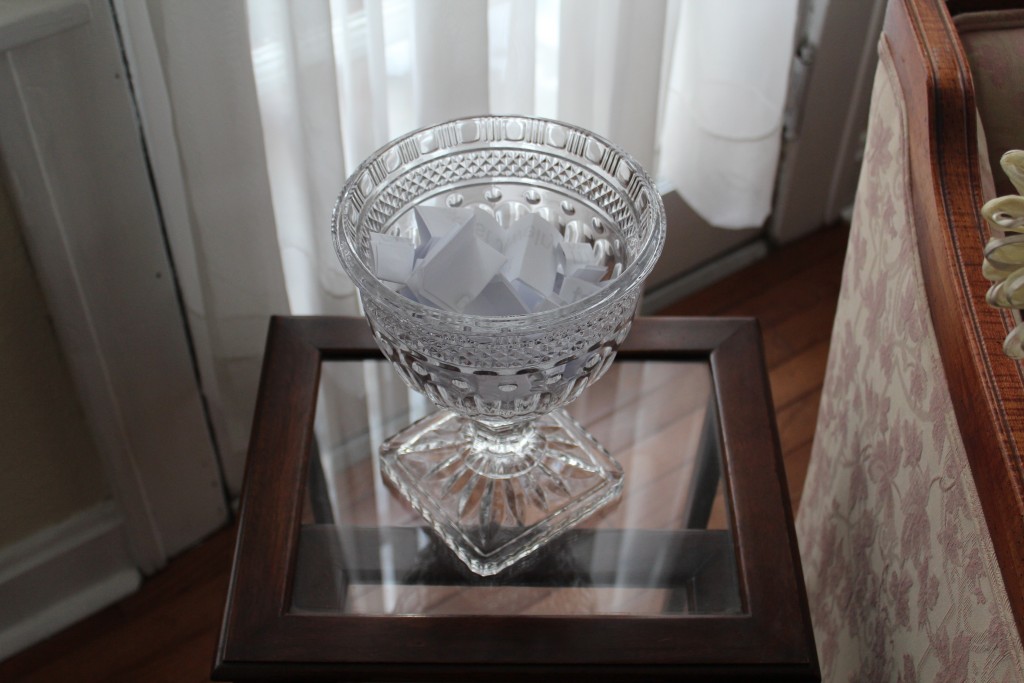 I used a crystal bowl to collect all the eligible names for the giveaway.