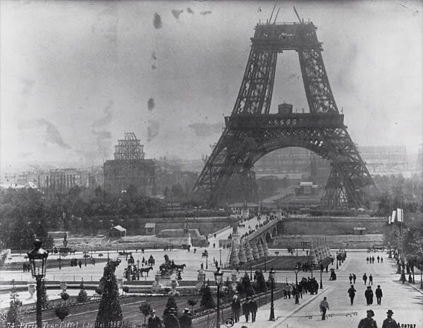1889 photo of the Eiffel Tower being built for the 1889 World's Fair in Paris, France.