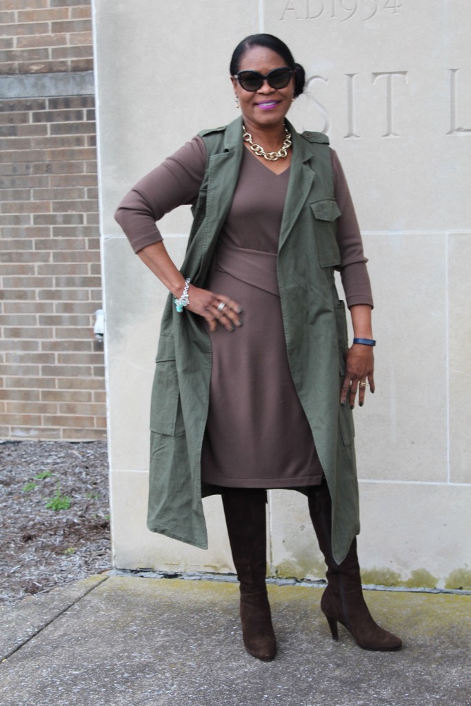 Wearing: Who What Wear Collection @ Target Trench Vest, Lafayette 148 New York Wool Interlock Jersey Layered Wrap Dress and Cole Haan Tall Brown Suede Boots with J. Crew Factory Goldstone Necklace