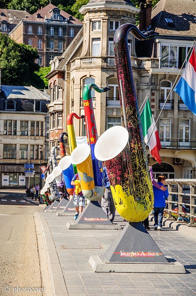 Large saxophones on a bridge in DInant, the city where Adolphe Sax was born.