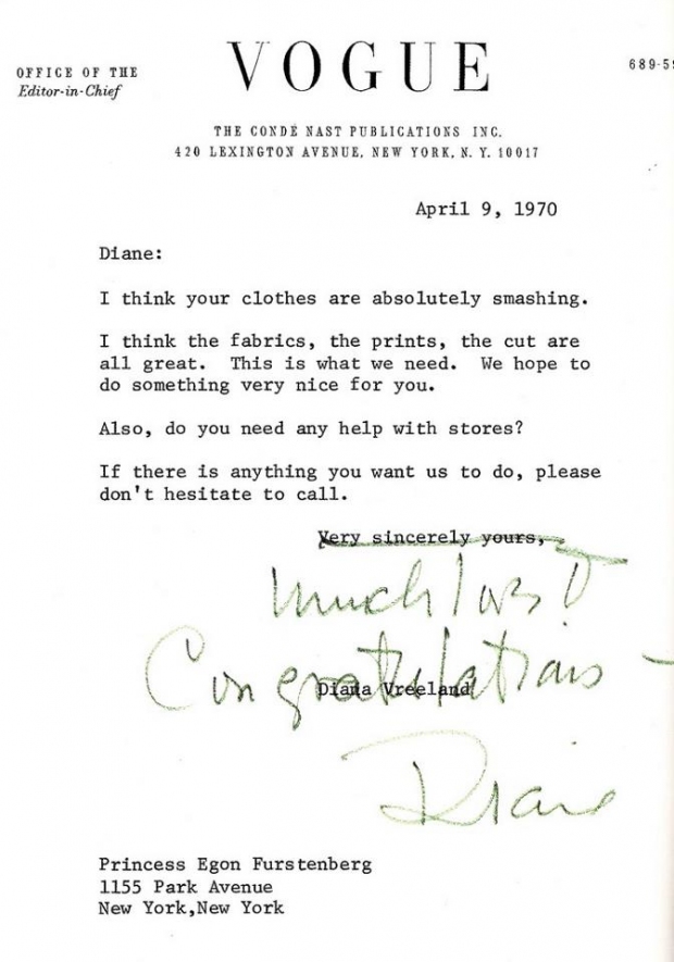 Diana Vreeland 1970 letter to then Princess Egon Furstenberg, AKA Diane Von Furstenberg regarding her newly created wrap dress.