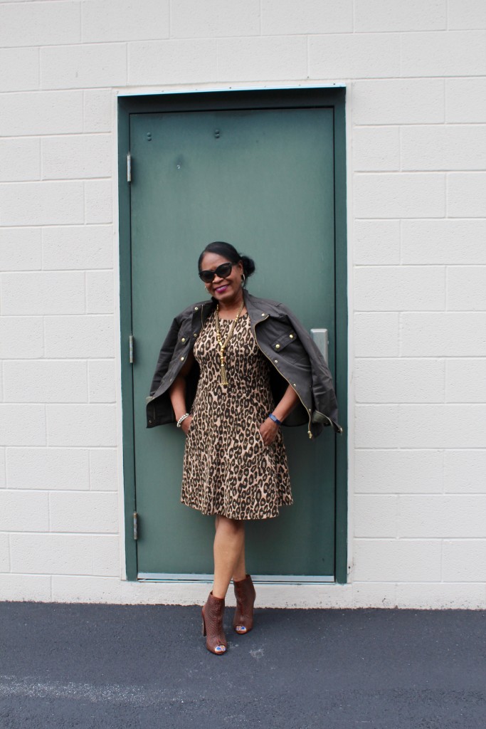 Wearing: Kate Spade fit and flare leopard print dress, J. Crew Factory fatigue jacket, Marc COin woven open toe heels from Yoox