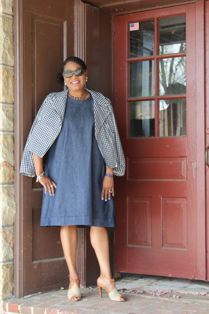 Wearing: J. Crew moto jacket, in gingham, Kate Spade New York Broom denim fit and flare dress, and J. Crew tan leather canvas heels.