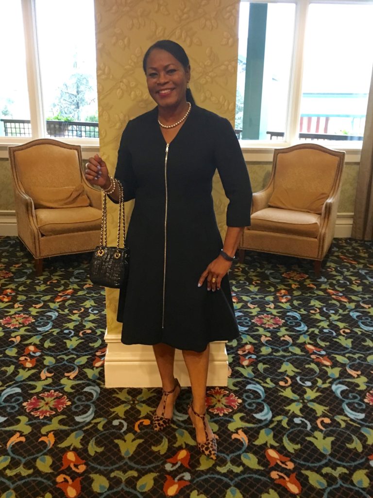 AT the Hershey Country Club. Wearing Lafayette 148 crepe wool dress, Kate Spade bag from Gilt and Boden calf-hair t-strap.