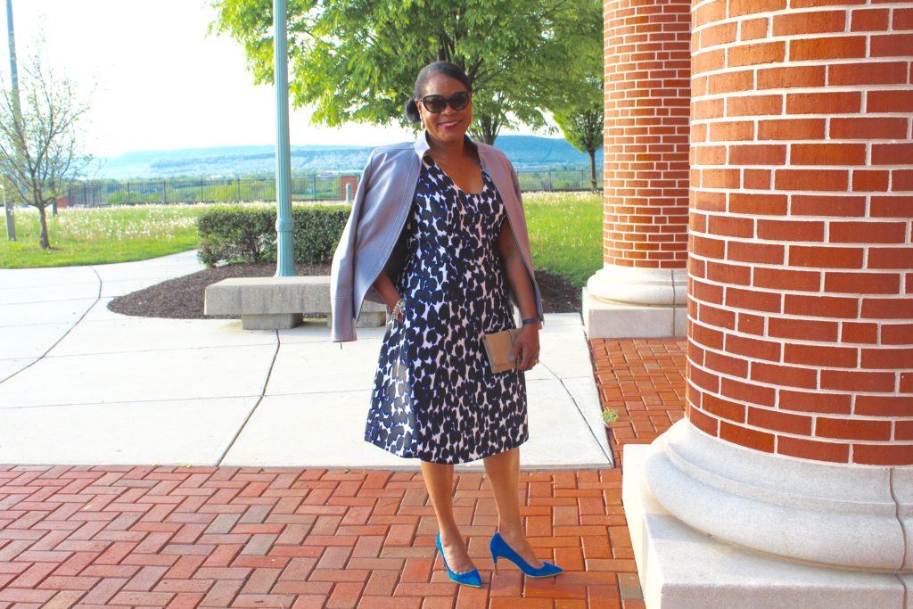 Wearing Lafayette 148 NY lilac leather jacket, Kate Spade New York loepard print fit and flare dress, J. Crew blue suede gold metal heels with J. Crew Factory Gemstone blossom drop earrings.