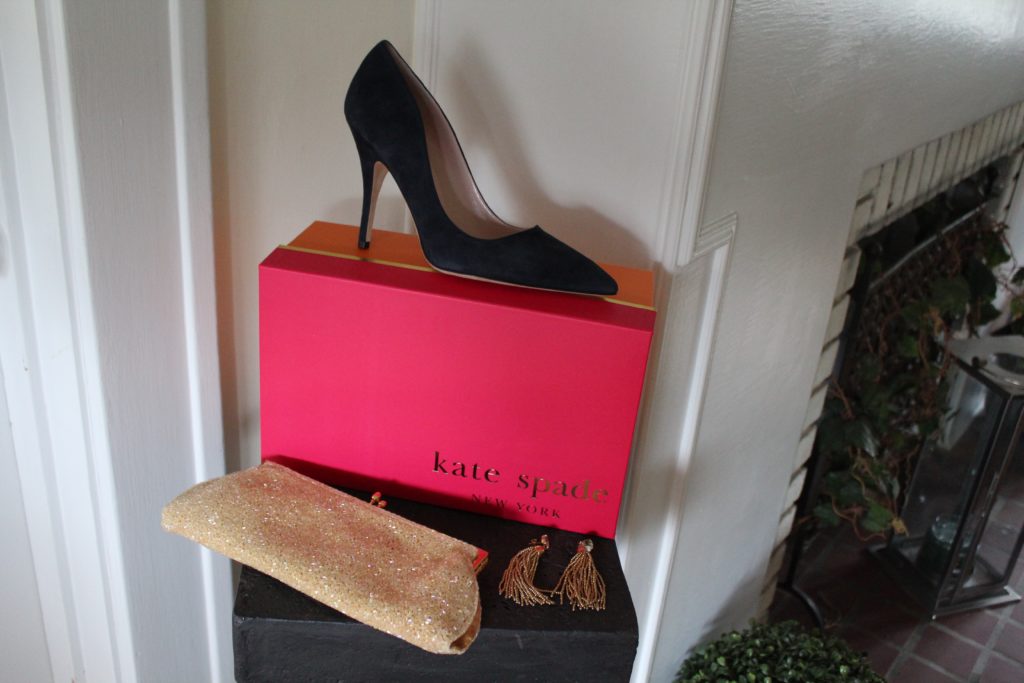2016 Club 21 Accessories: Kate Spade "Licorice" navy suede pump, beaded evening clutch and J. Crew bead tassel earrings.