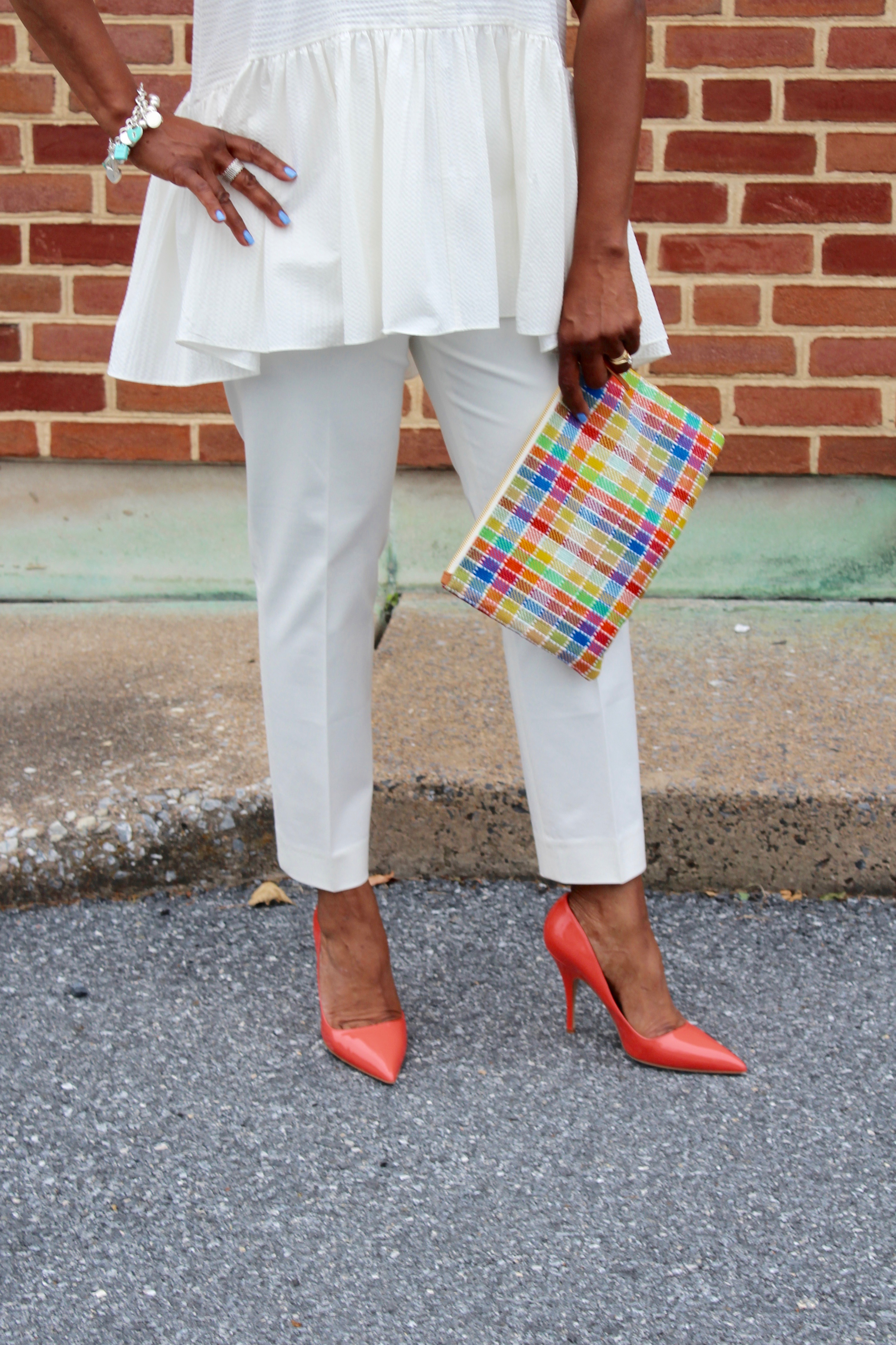 Wearing: Tibi Seersucker Cotton Peplum White Top, J. Crew Marnie White Pants, Kate SPade New York "Licorice Too" Pop Coral Patent Heels, Clare V Madras Plaid Pouch from Anthropologie and J. Crew Factory necklace.