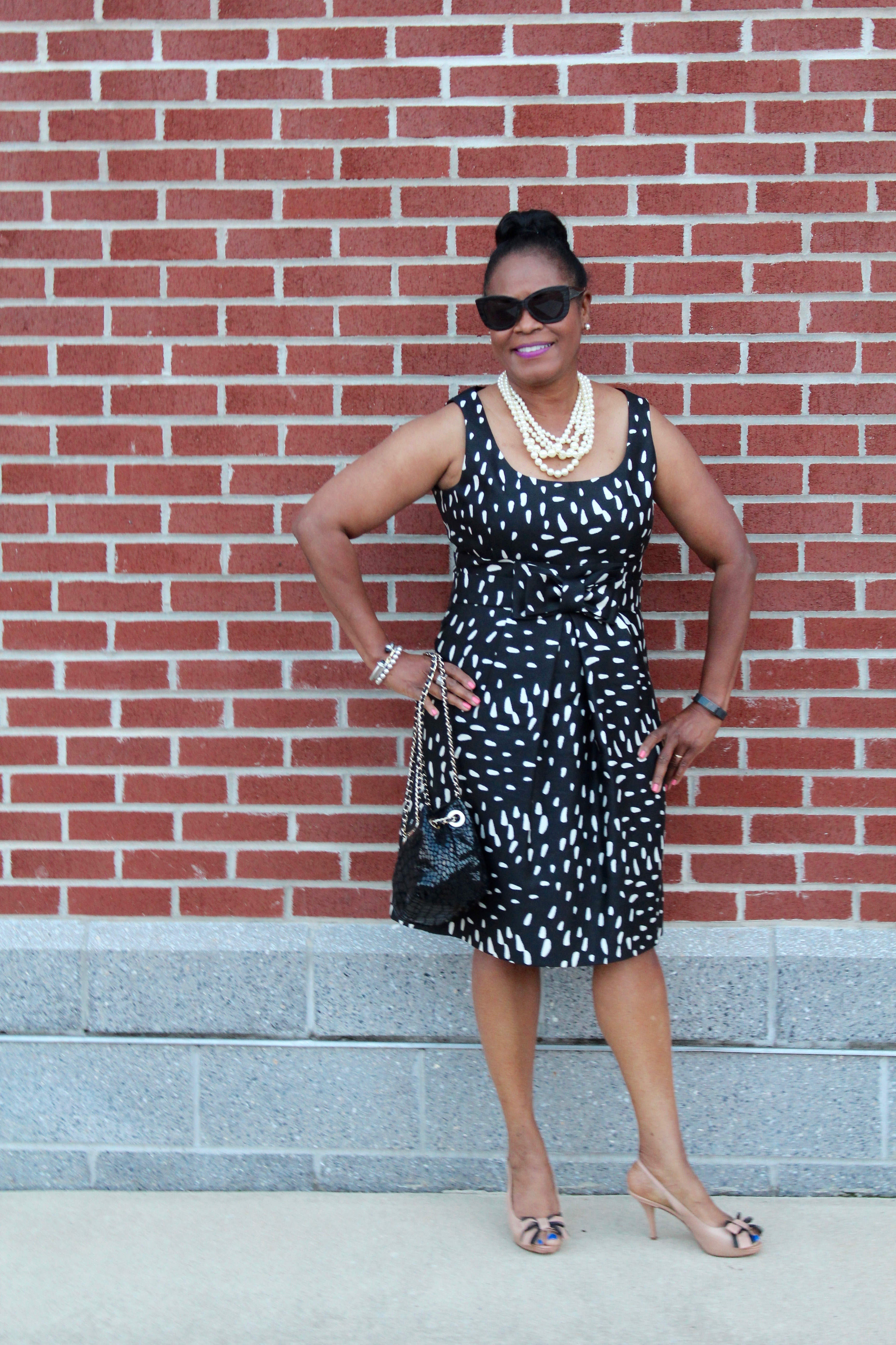 Wearing: Old Teri Jon Black and White Dress, Old Kate Spade Pumps, Old Kate Spade Chain Bag with J. Crew Factory Pearls and Dita Sunnies