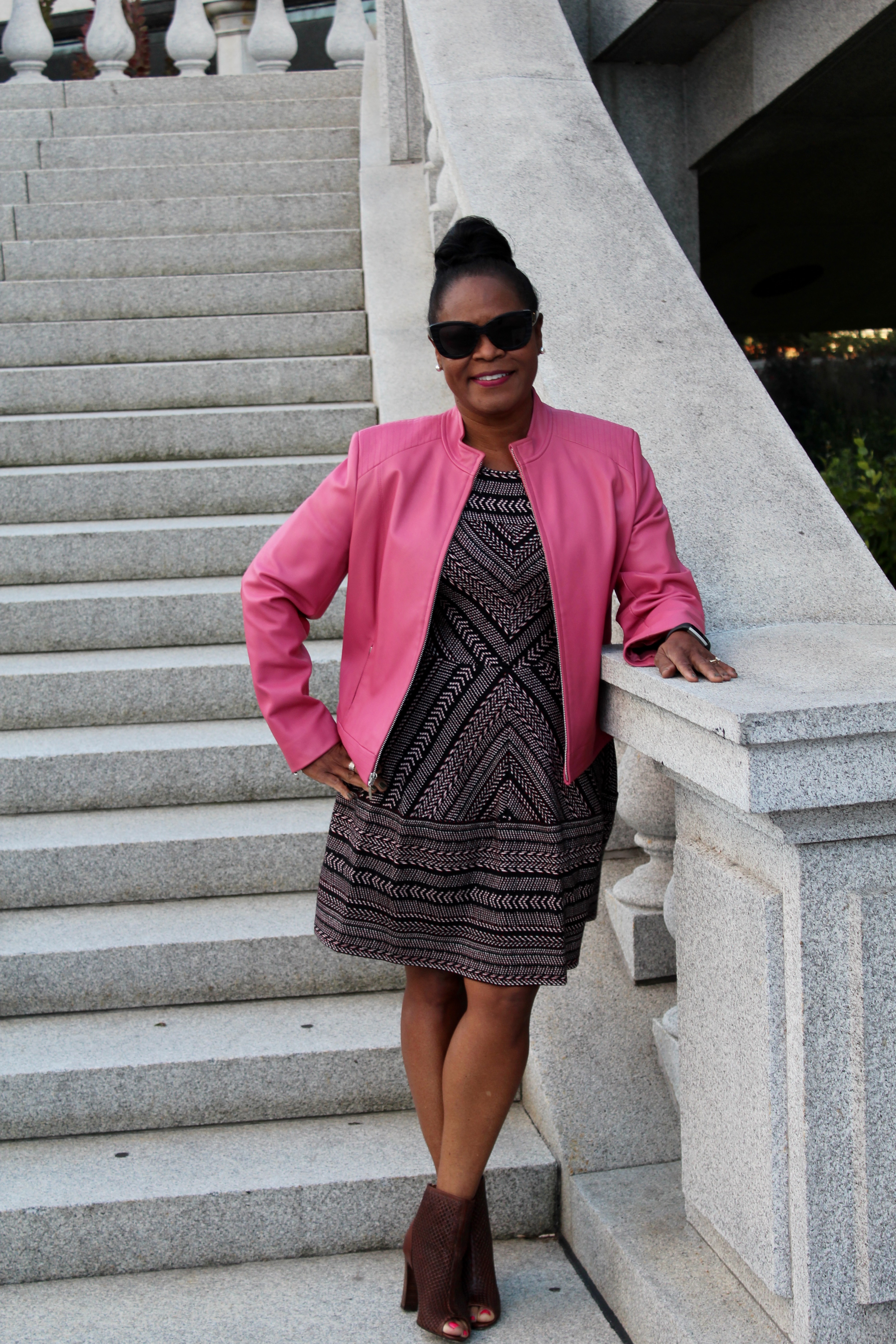 Location: At the Harrisburg State Capital Annex. Wearing old Valerie Stevens Pink Leather jacket, BCBGMaxAzria "Cassandra" dress, 
